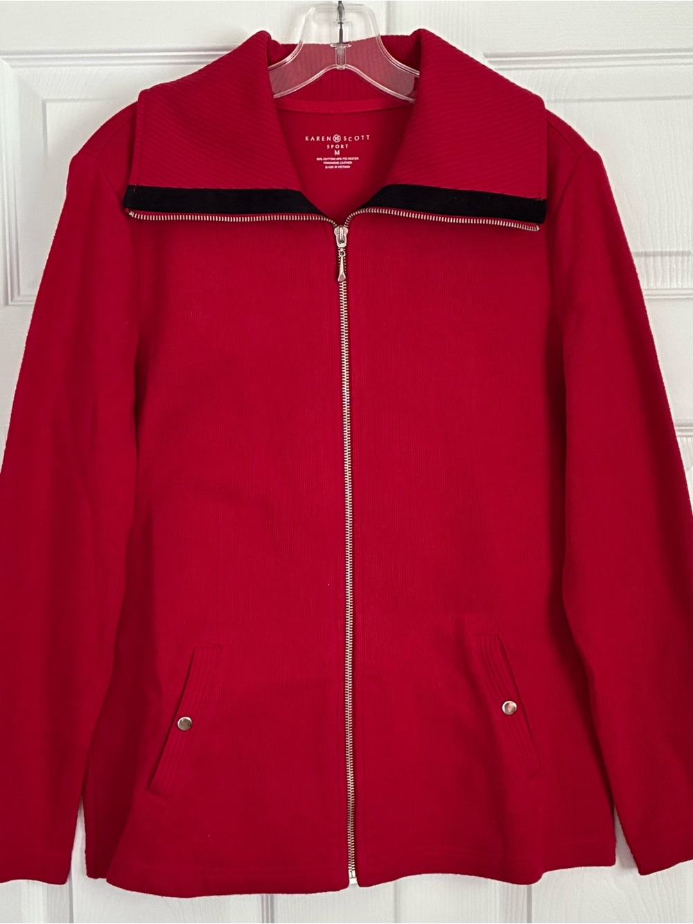 Karen Scott Sport Full Zip Red Knit Cardigan Jacket Pockets Black Trim Size M